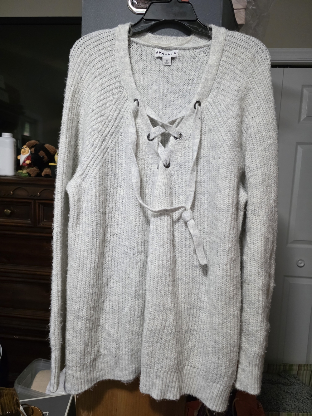Ava & Viv Heather Gray Lace-Up V-Neck Knit Sweater